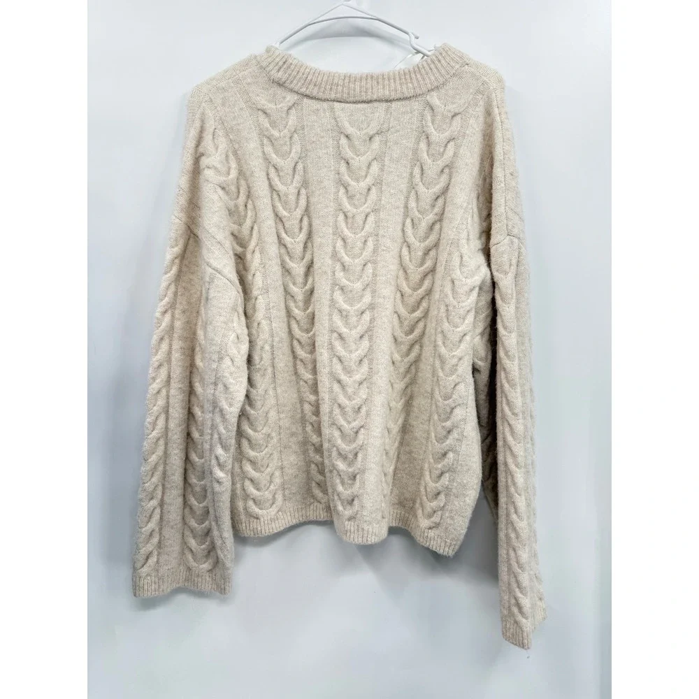 Joie Large Cable Knit Sweater Womens Oatmeal Beige Crew Neck Wool Blend CV172501